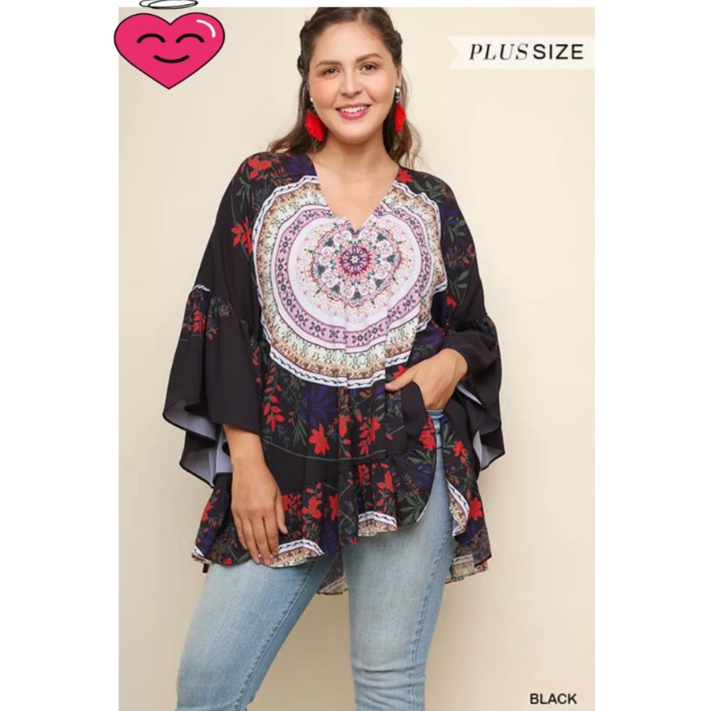 Umgee Coral Boho Floral Medallion Tunic